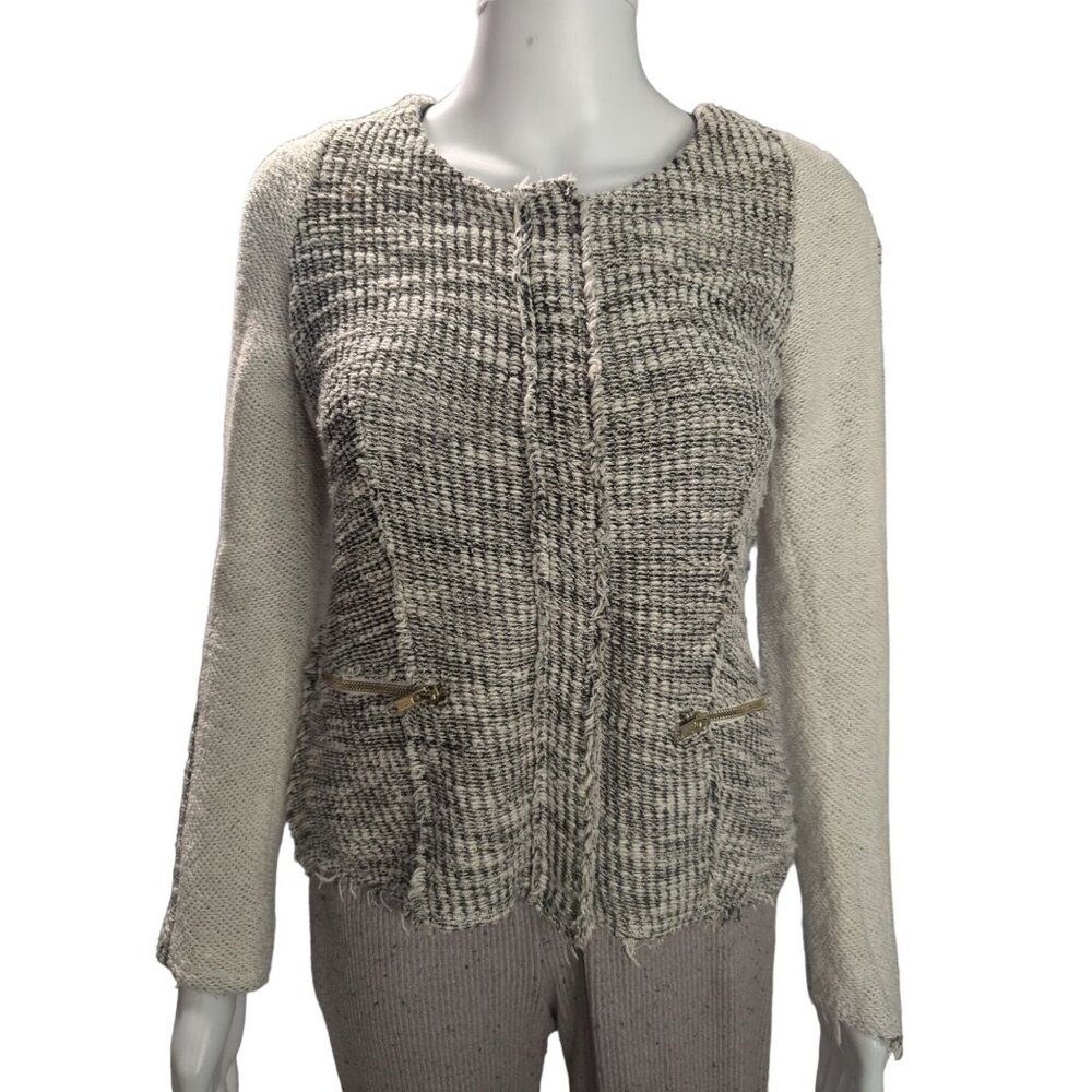 Chic & Cozy Women's Boucle Tweed Knit Cardigan With Zipper Pockets Sz S